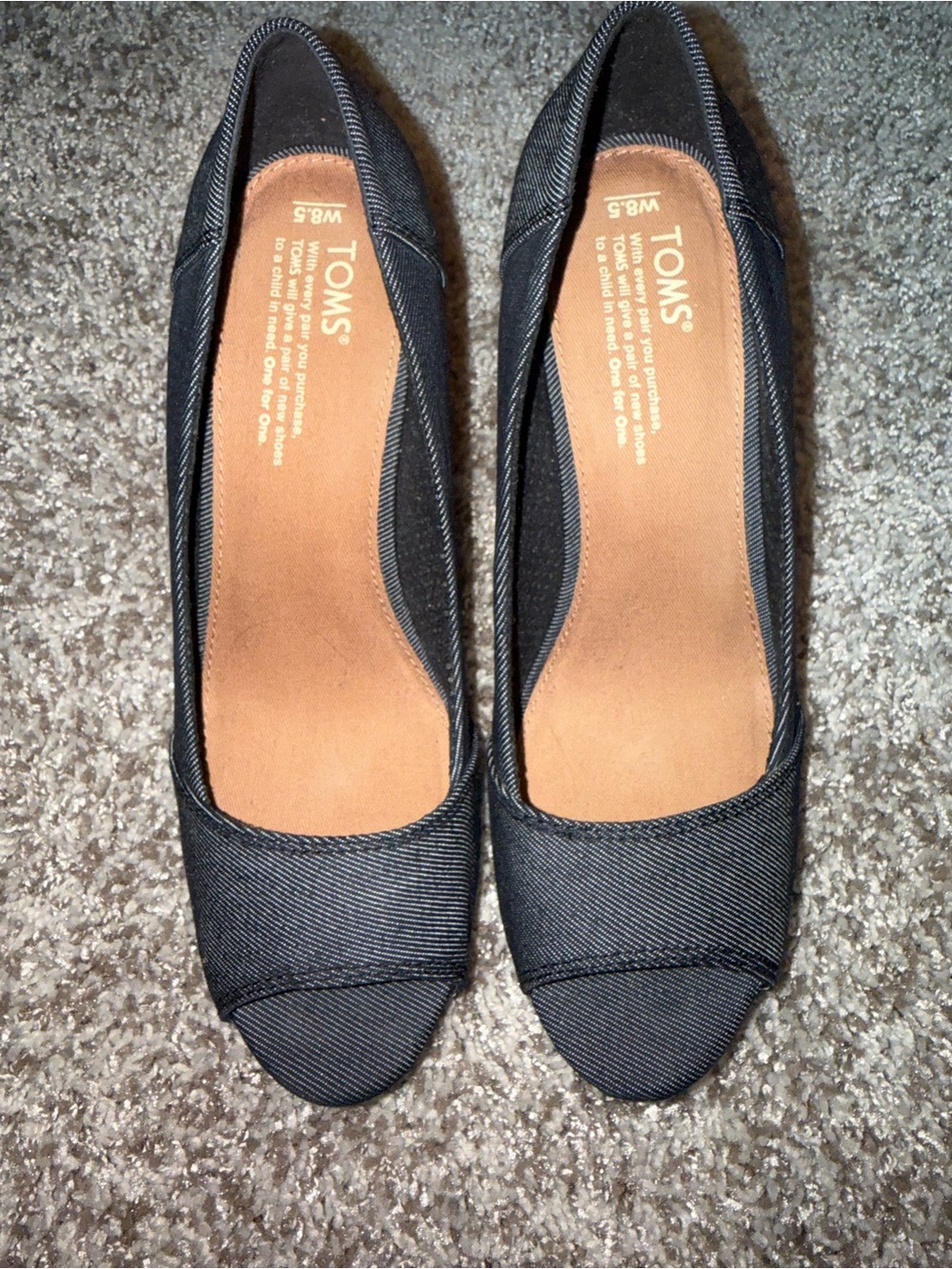 TOMS Stella Womens 8.5 Black Denim Peep Toe Cork Wedge Heels Shoes